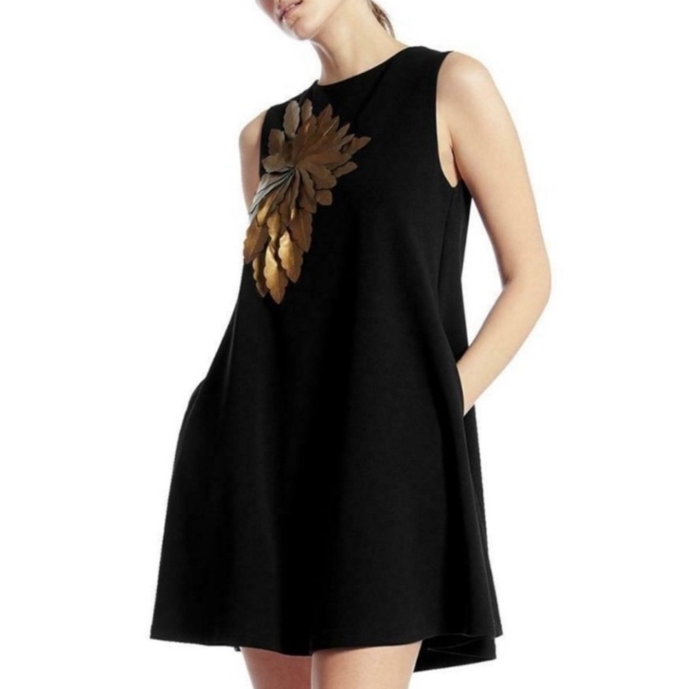 GRACIA Stretch Golden Floral Faux Leather sleeveless Dress Size Small - Picture 3 of 10